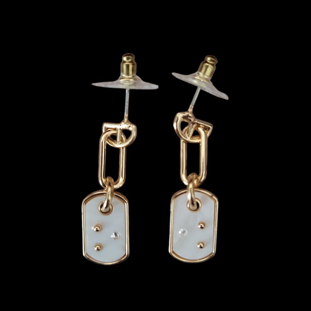 Gold Tone Chain Link Dog Tag Drop Earrings Pavé Stone Accents NWT Orig $39
